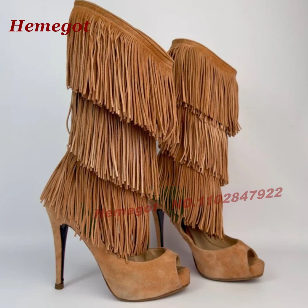 Tiered Fringe Peep‑Toe High He - đánh giá và giá Knee High Boots Women